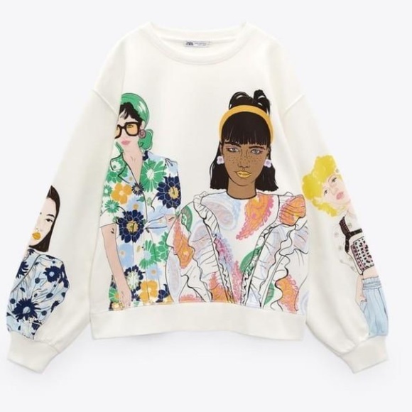 ZARA Blogger Fave Ecru Multi Girls Print Sweatshirt $59.90 EUC S Rare HTF - Picture 14 of 16